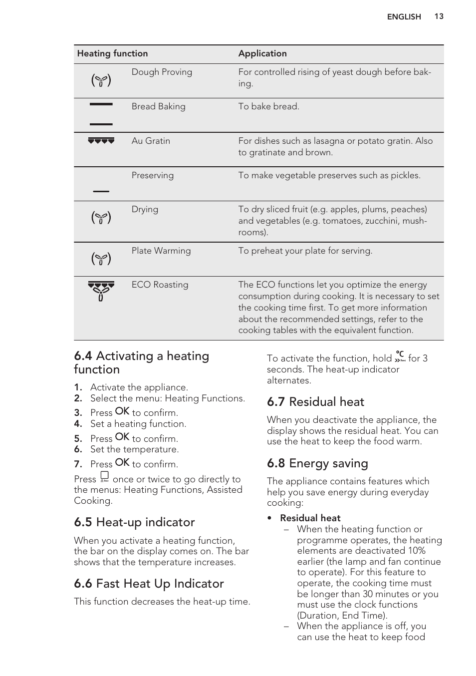 4 activating a heating function, 5 heat-up indicator, 6 fast heat up indicator | 7 residual heat, 8 energy saving | AEG BE3003021W User Manual | Page 13 / 44