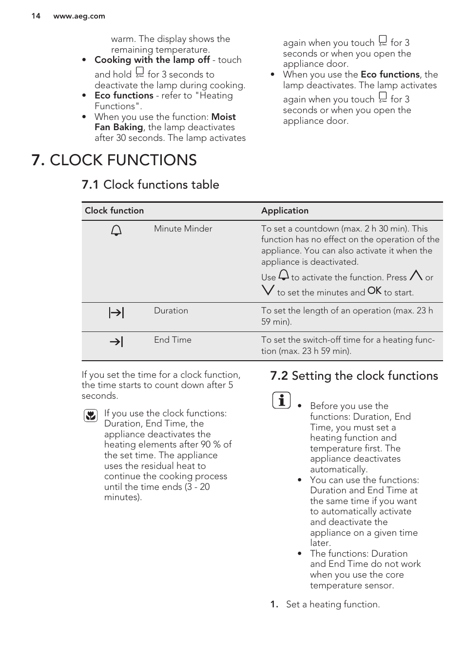Clock functions, 1 clock functions table, 2 setting the clock functions | AEG BE3003021W User Manual | Page 14 / 44