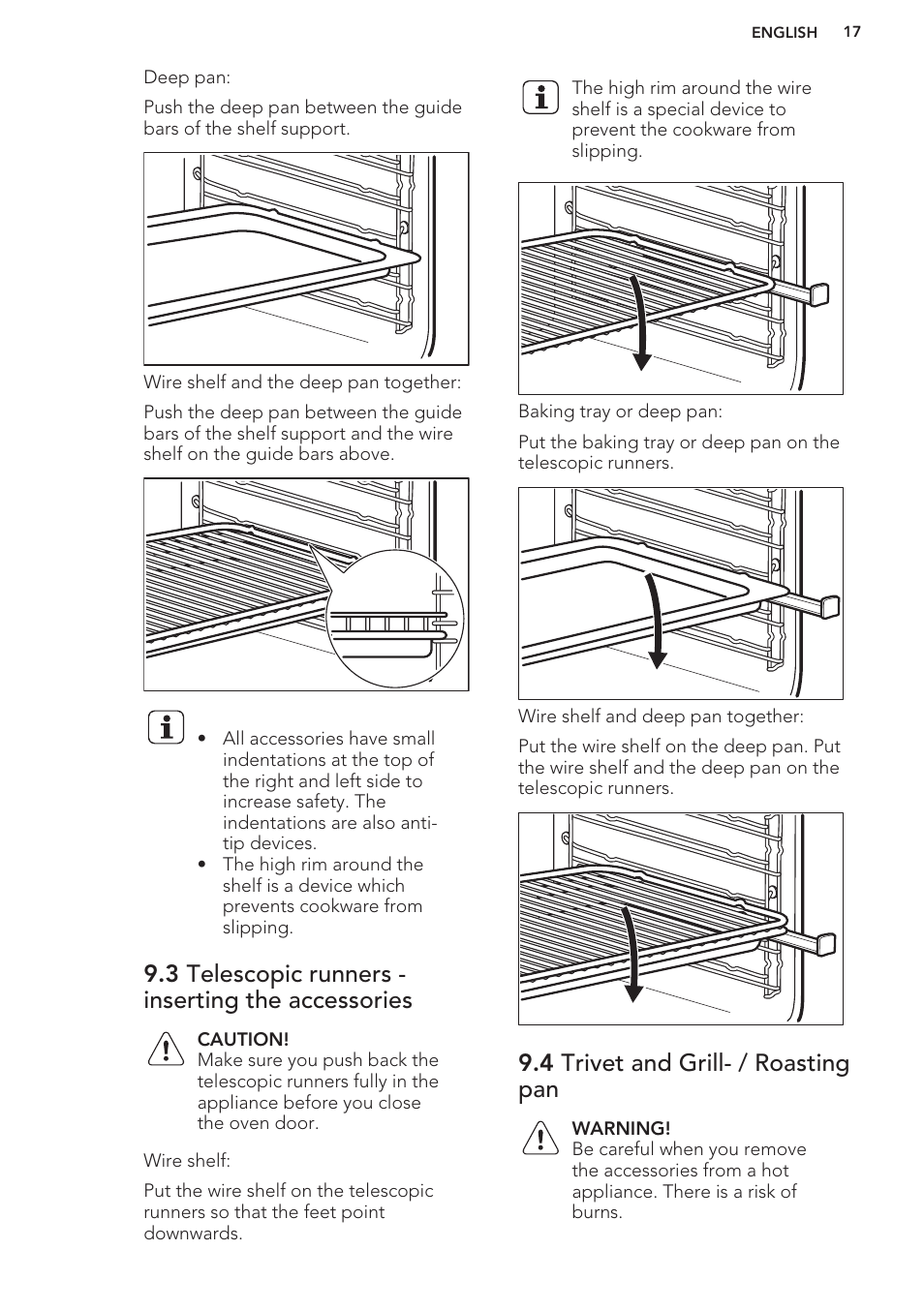 3 telescopic runners - inserting the accessories, 4 trivet and grill- / roasting pan | AEG BE3003021W User Manual | Page 17 / 44