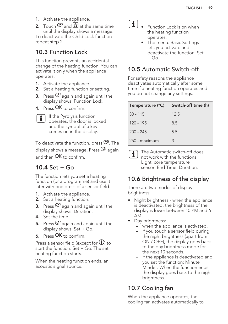 3 function lock, 4 set + go, 5 automatic switch-off | 6 brightness of the display, 7 cooling fan | AEG BE3003021W User Manual | Page 19 / 44