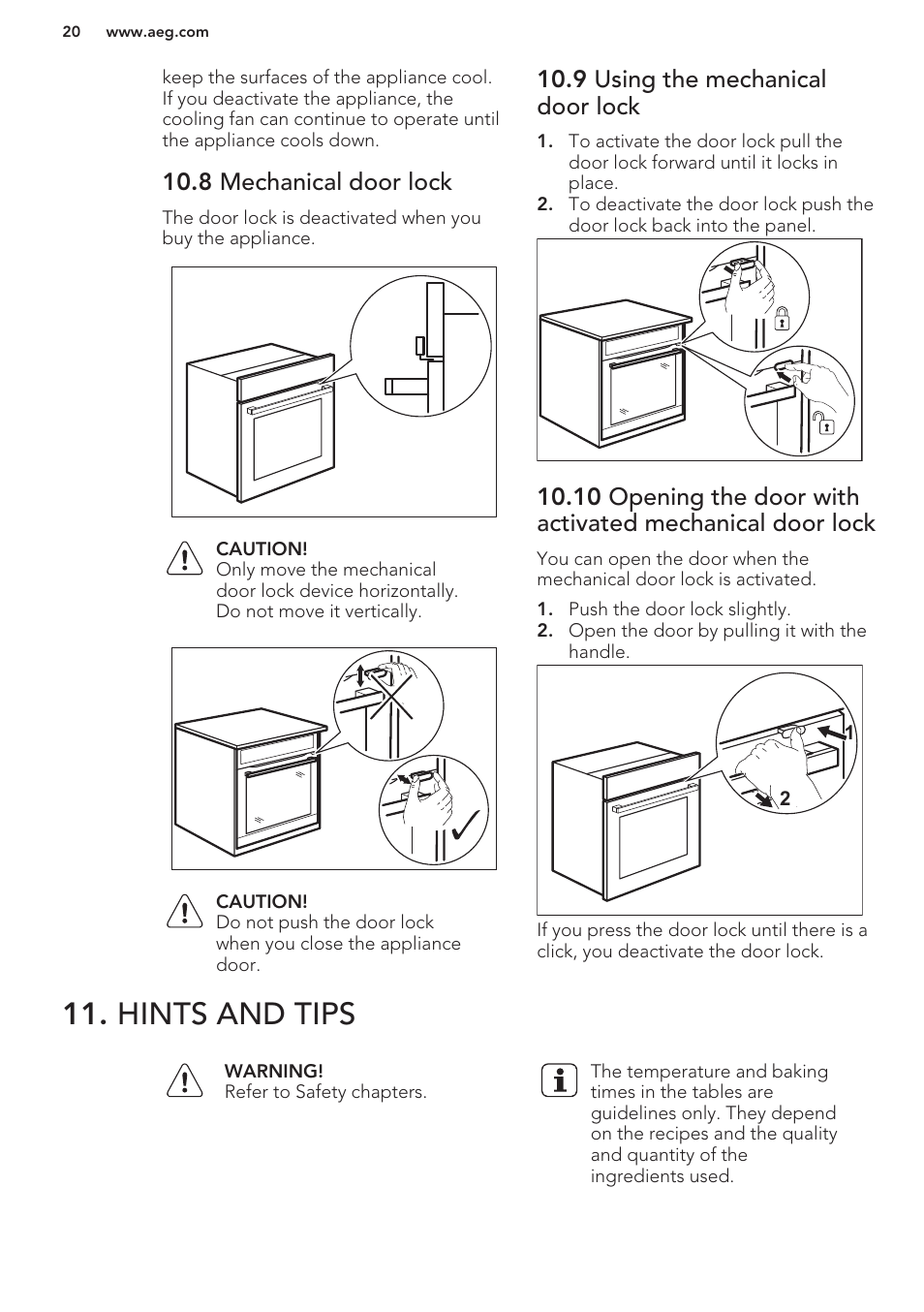 8 mechanical door lock, 9 using the mechanical door lock, Hints and tips | AEG BE3003021W User Manual | Page 20 / 44