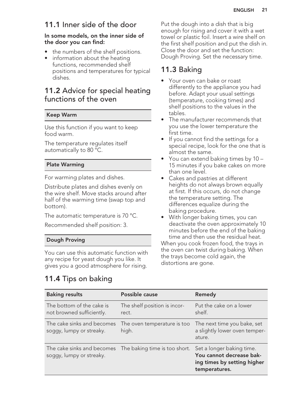 1 inner side of the door, 2 advice for special heating functions of the oven, 3 baking | 4 tips on baking | AEG BE3003021W User Manual | Page 21 / 44