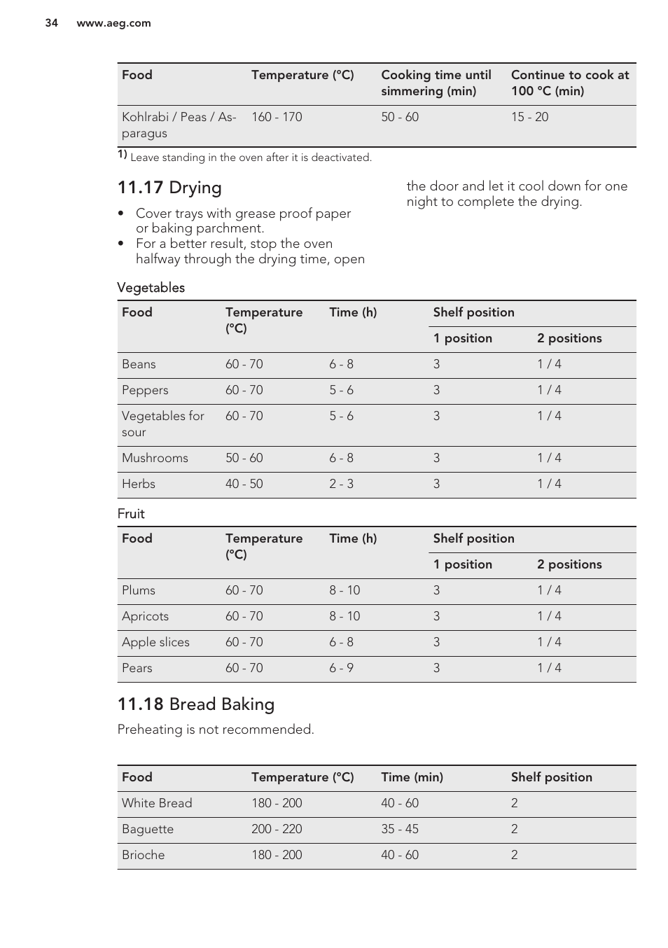 17 drying, 18 bread baking | AEG BE3003021W User Manual | Page 34 / 44