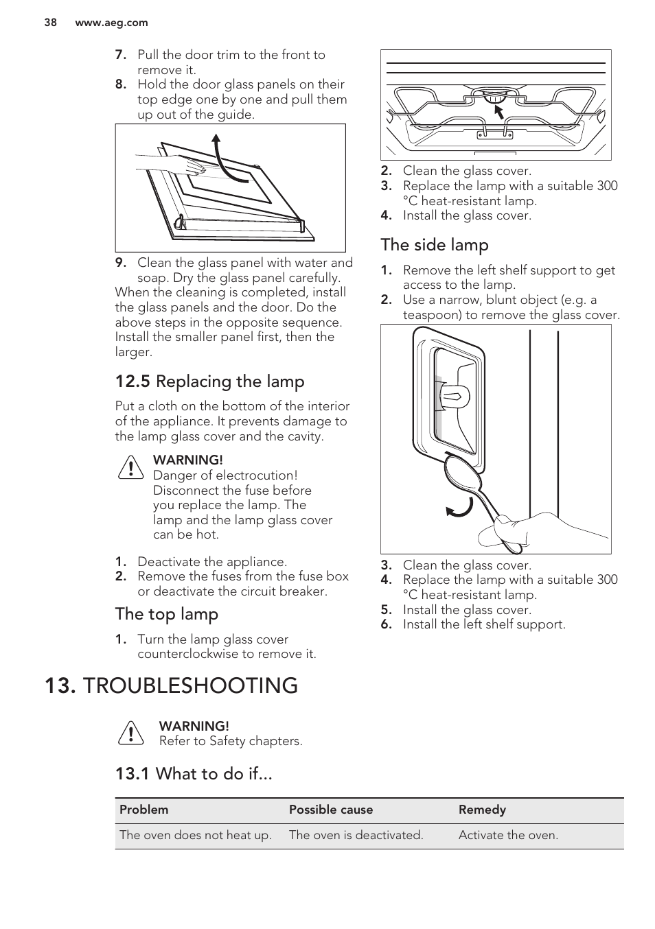5 replacing the lamp, The top lamp, The side lamp | Troubleshooting, 1 what to do if | AEG BE3003021W User Manual | Page 38 / 44