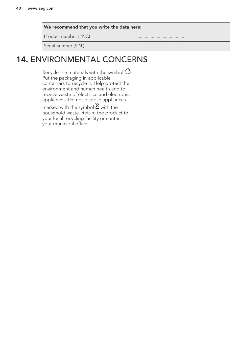 Environmental concerns | AEG BE3003021W User Manual | Page 40 / 44