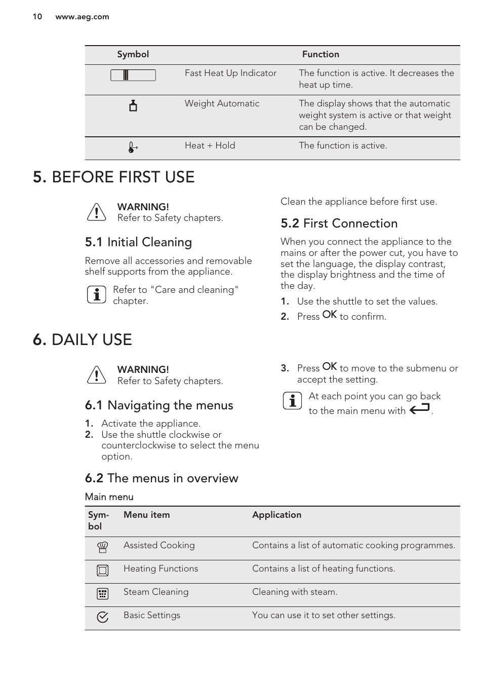 Before first use, 1 initial cleaning, 2 first connection | Daily use, 1 navigating the menus, 2 the menus in overview, Before first use 6. daily use | AEG BS8314001M User Manual | Page 10 / 48