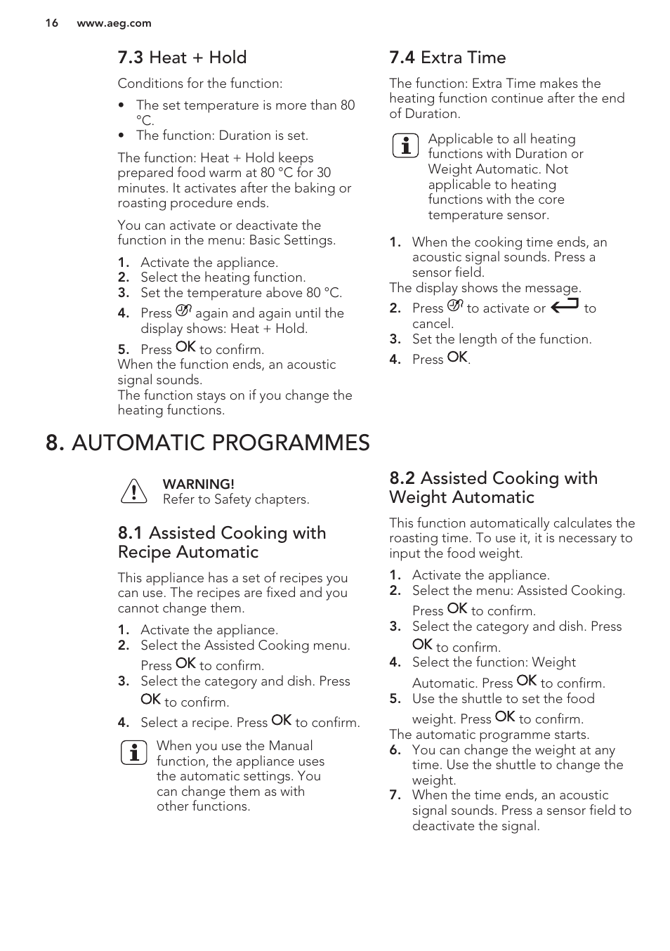 3 heat + hold, 4 extra time, Automatic programmes | 1 assisted cooking with recipe automatic, 2 assisted cooking with weight automatic | AEG BS8314001M User Manual | Page 16 / 48