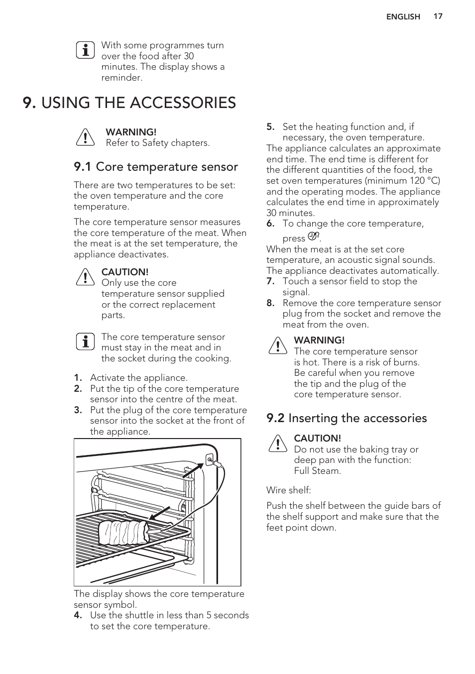 Using the accessories, 1 core temperature sensor, 2 inserting the accessories | AEG BS8314001M User Manual | Page 17 / 48