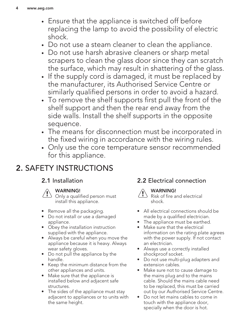 Safety instructions, 1 installation, 2 electrical connection | Do not use a steam cleaner to clean the appliance | AEG BS8314001M User Manual | Page 4 / 48