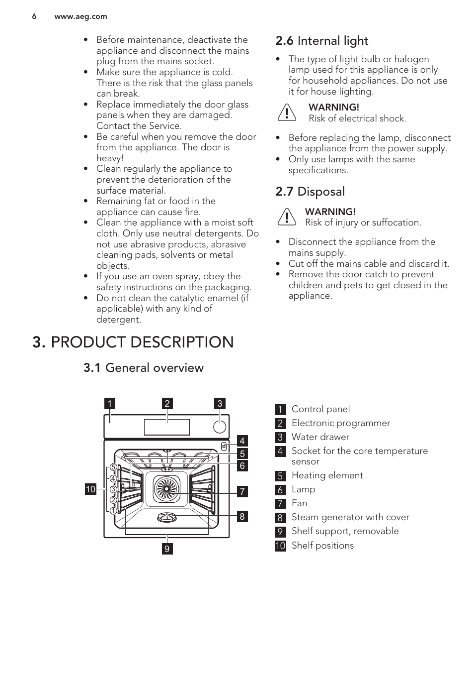 6 internal light, 7 disposal, Product description | 1 general overview | AEG BS8314001M User Manual | Page 6 / 48