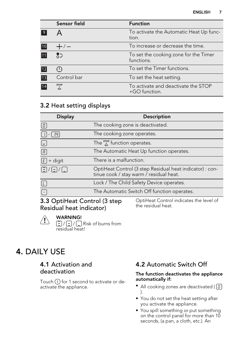 Daily use, 2 heat setting displays, 1 activation and deactivation | 2 automatic switch off | AEG HK634060XB User Manual | Page 7 / 24