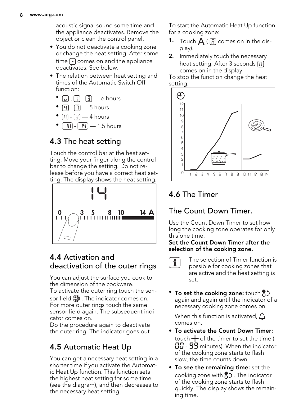 3 the heat setting, 4 activation and deactivation of the outer rings, 5 automatic heat up | 6 the timer the count down timer | AEG HK634060XB User Manual | Page 8 / 24