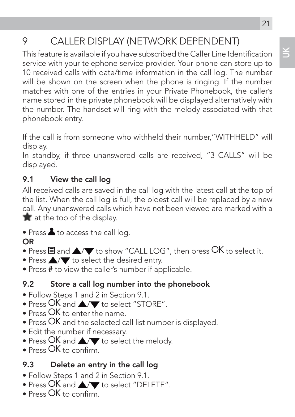 9caller display (network dependent) | AEG Voxtel S120 User Manual | Page 21 / 42