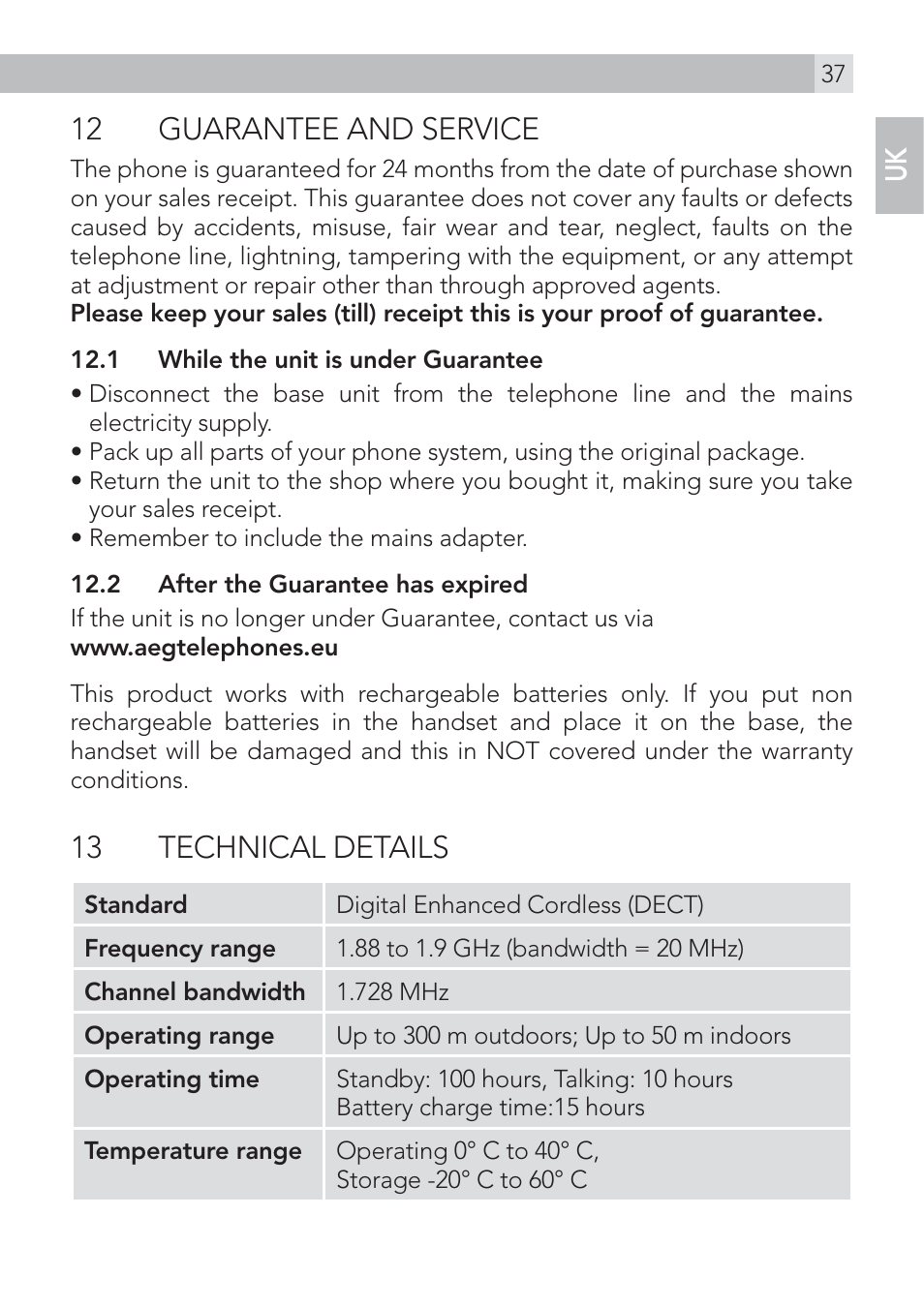12 guarantee and service, 13 technical details | AEG Voxtel S120 User Manual | Page 37 / 42