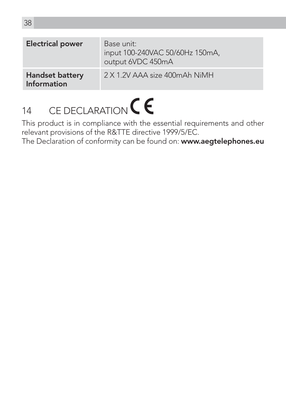 14 ce declaration | AEG Voxtel S120 User Manual | Page 38 / 42