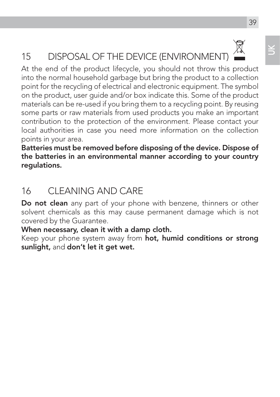 15 disposal of the device (environment), 16 cleaning and care | AEG Voxtel S120 User Manual | Page 39 / 42