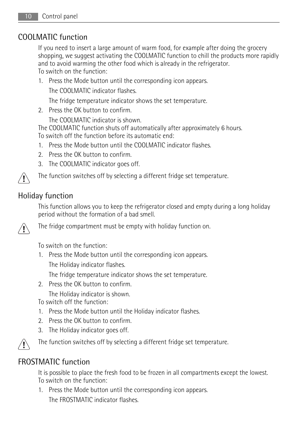 Coolmatic function, Holiday function, Frostmatic function | AEG SCS51800F0 User Manual | Page 10 / 28