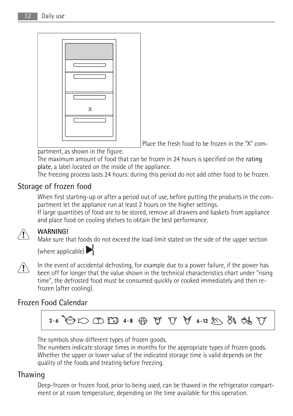 Storage of frozen food, Frozen food calendar, Thawing | AEG SCS51800F0 User Manual | Page 12 / 28