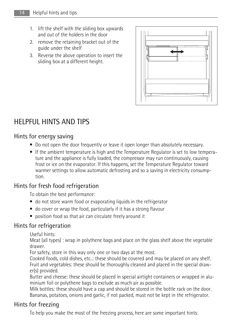 Helpful hints and tips, Hints for energy saving, Hints for fresh food refrigeration | Hints for refrigeration, Hints for freezing | AEG SCS51800F0 User Manual | Page 14 / 28
