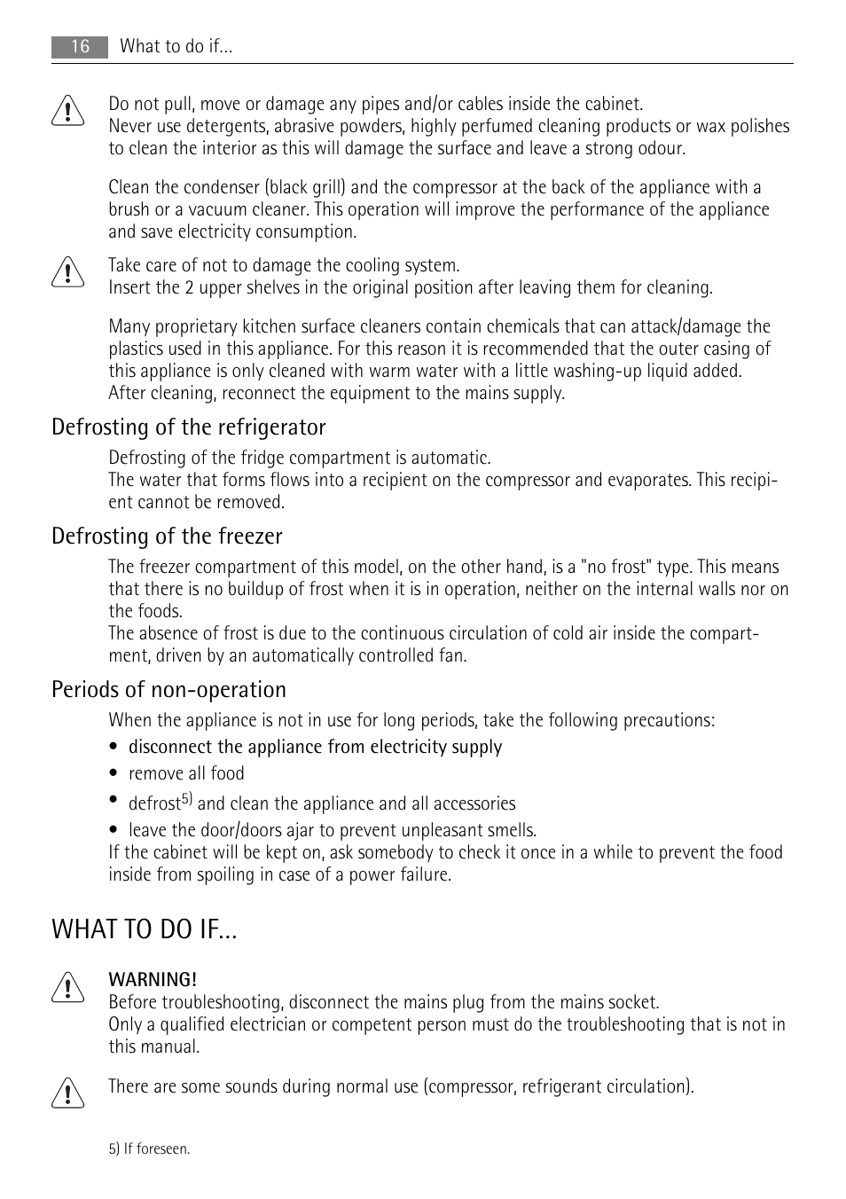 What to do if, Defrosting of the refrigerator, Defrosting of the freezer | Periods of non-operation | AEG SCS51800F0 User Manual | Page 16 / 28