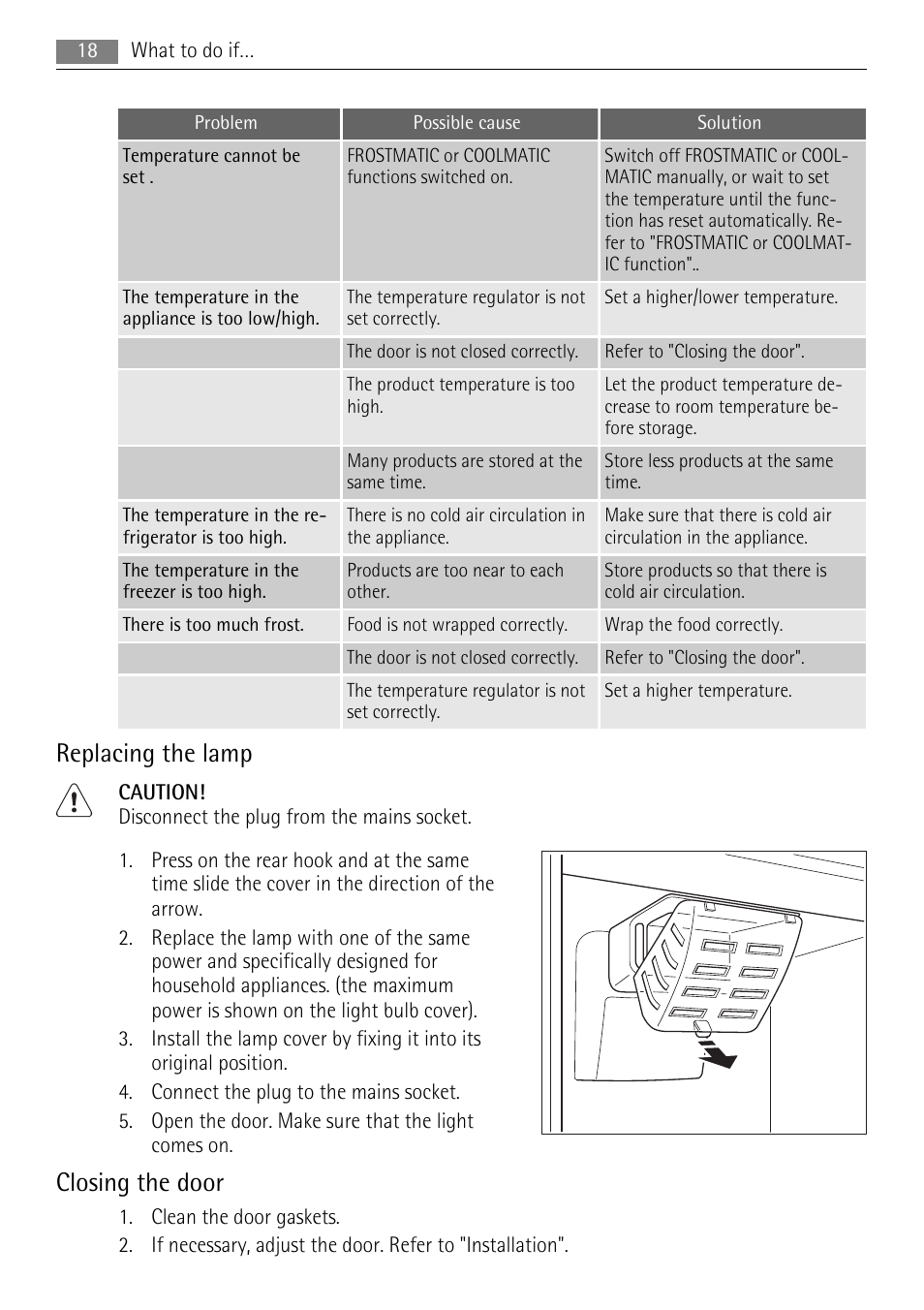 Replacing the lamp, Closing the door | AEG SCS51800F0 User Manual | Page 18 / 28