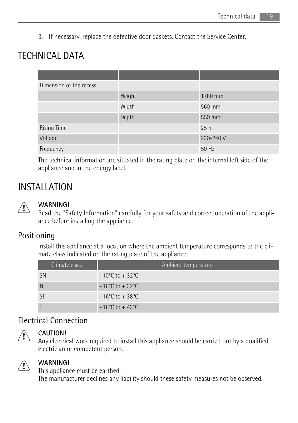 Technical data, Installation, Positioning | Electrical connection | AEG SCS51800F0 User Manual | Page 19 / 28