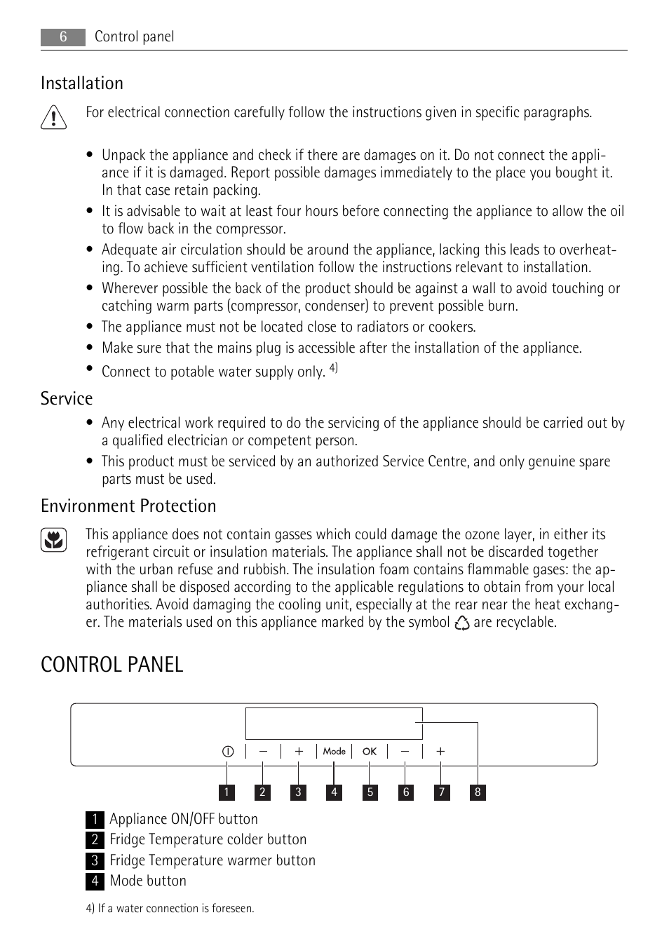 Control panel, Installation, Service | Environment protection | AEG SCS51800F0 User Manual | Page 6 / 28