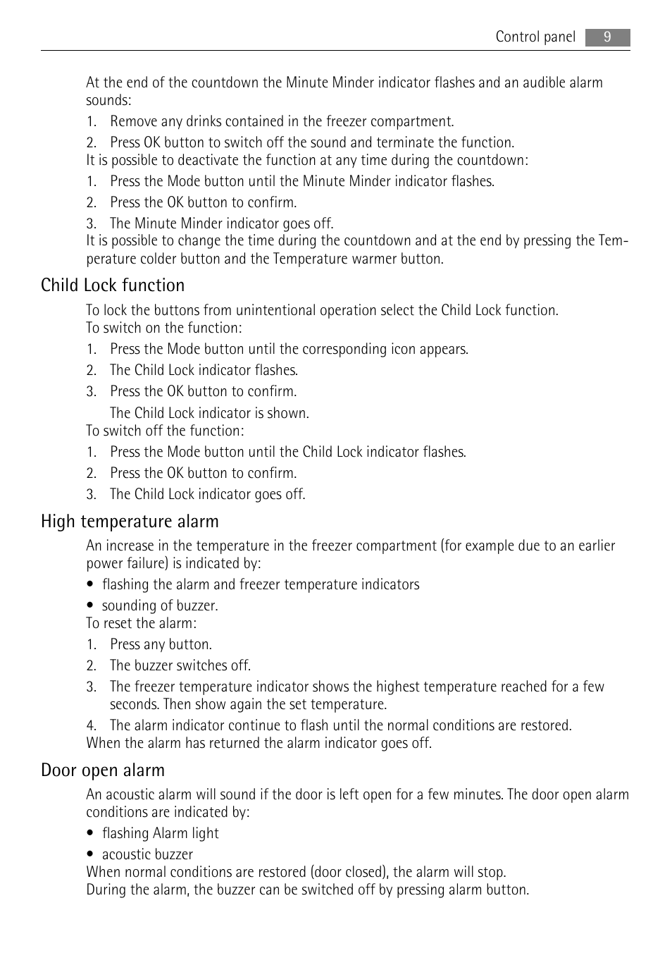 Child lock function, High temperature alarm, Door open alarm | AEG SCS51800F0 User Manual | Page 9 / 28