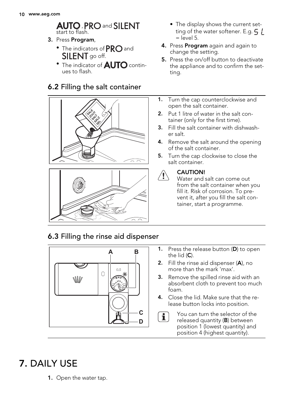 Daily use, 2 filling the salt container, 3 filling the rinse aid dispenser | AEG F88419W0P User Manual | Page 10 / 20