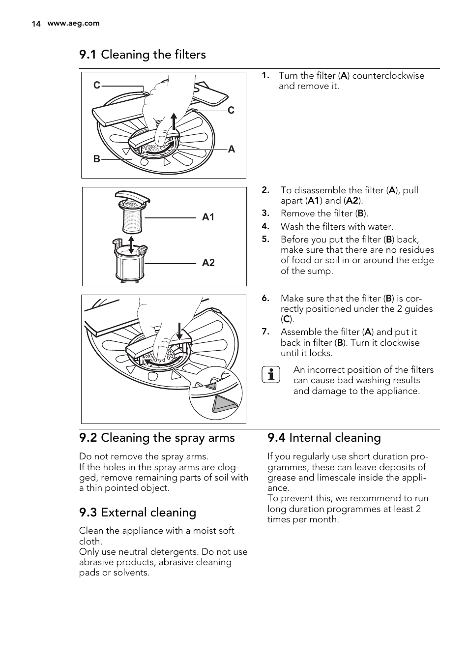 1 cleaning the filters, 2 cleaning the spray arms, 3 external cleaning | 4 internal cleaning | AEG F88419W0P User Manual | Page 14 / 20