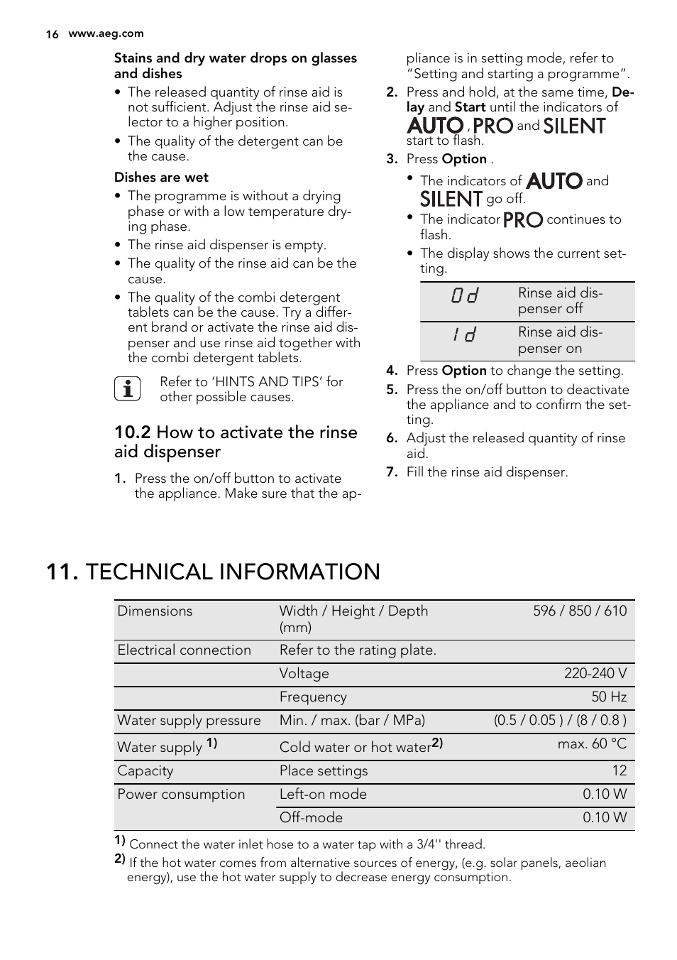 Technical information, 2 how to activate the rinse aid dispenser | AEG F88419W0P User Manual | Page 16 / 20