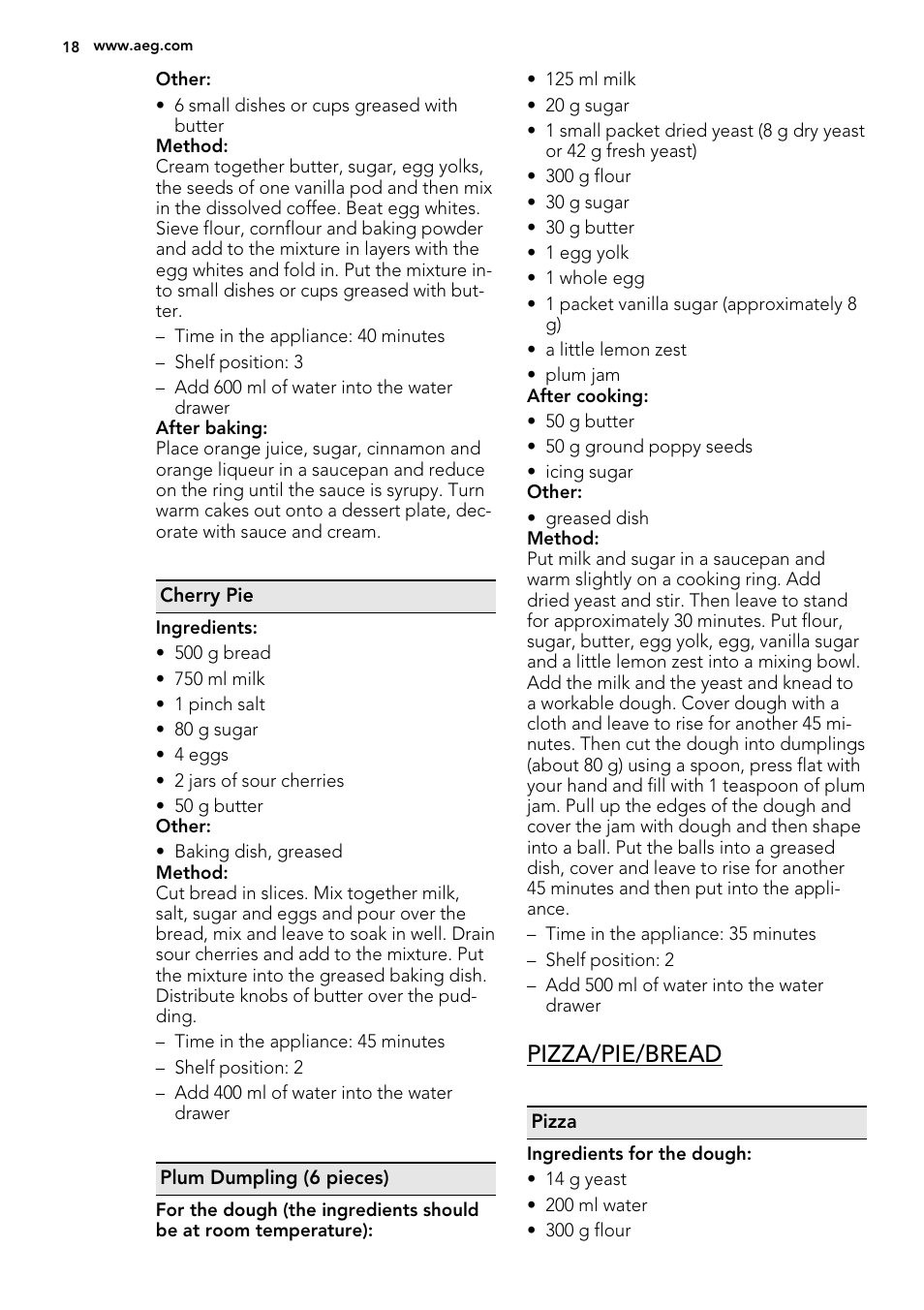 Pizza/pie/bread | AEG BS7304021M User Manual | Page 18 / 32