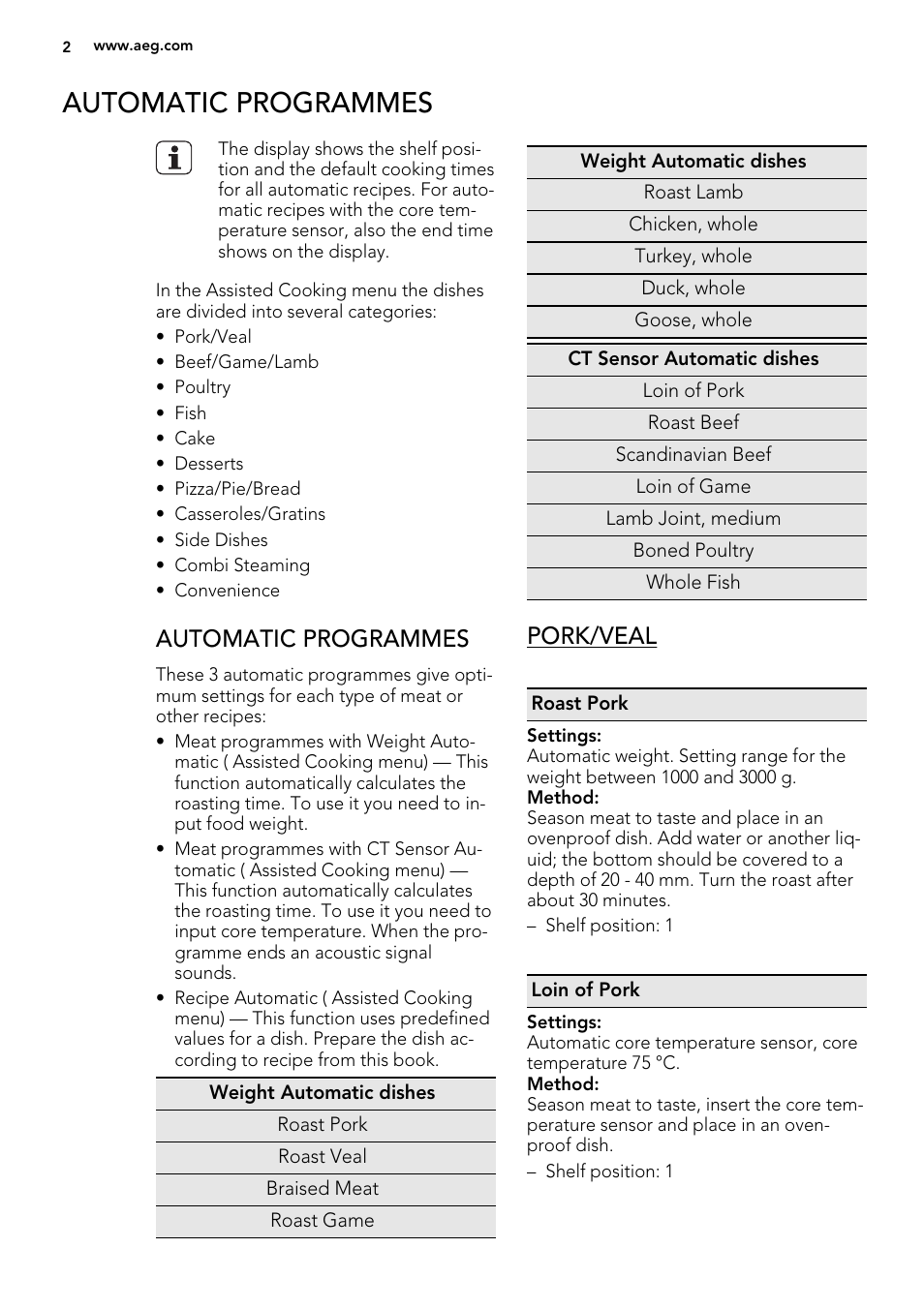 Automatic programmes, Pork/veal | AEG BS7304021M User Manual | Page 2 / 32