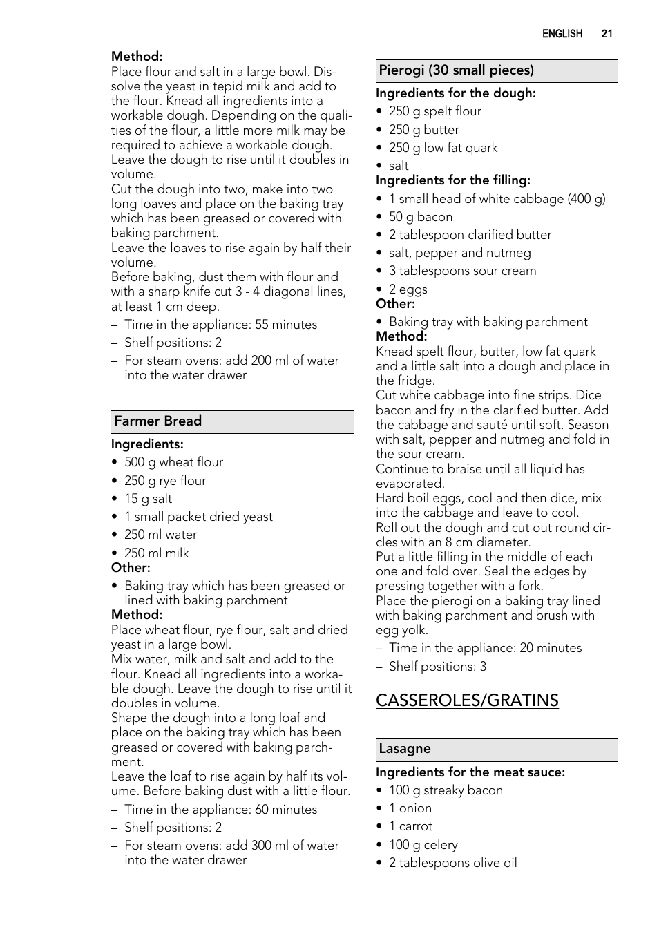 Casseroles/gratins | AEG BS7304021M User Manual | Page 21 / 32