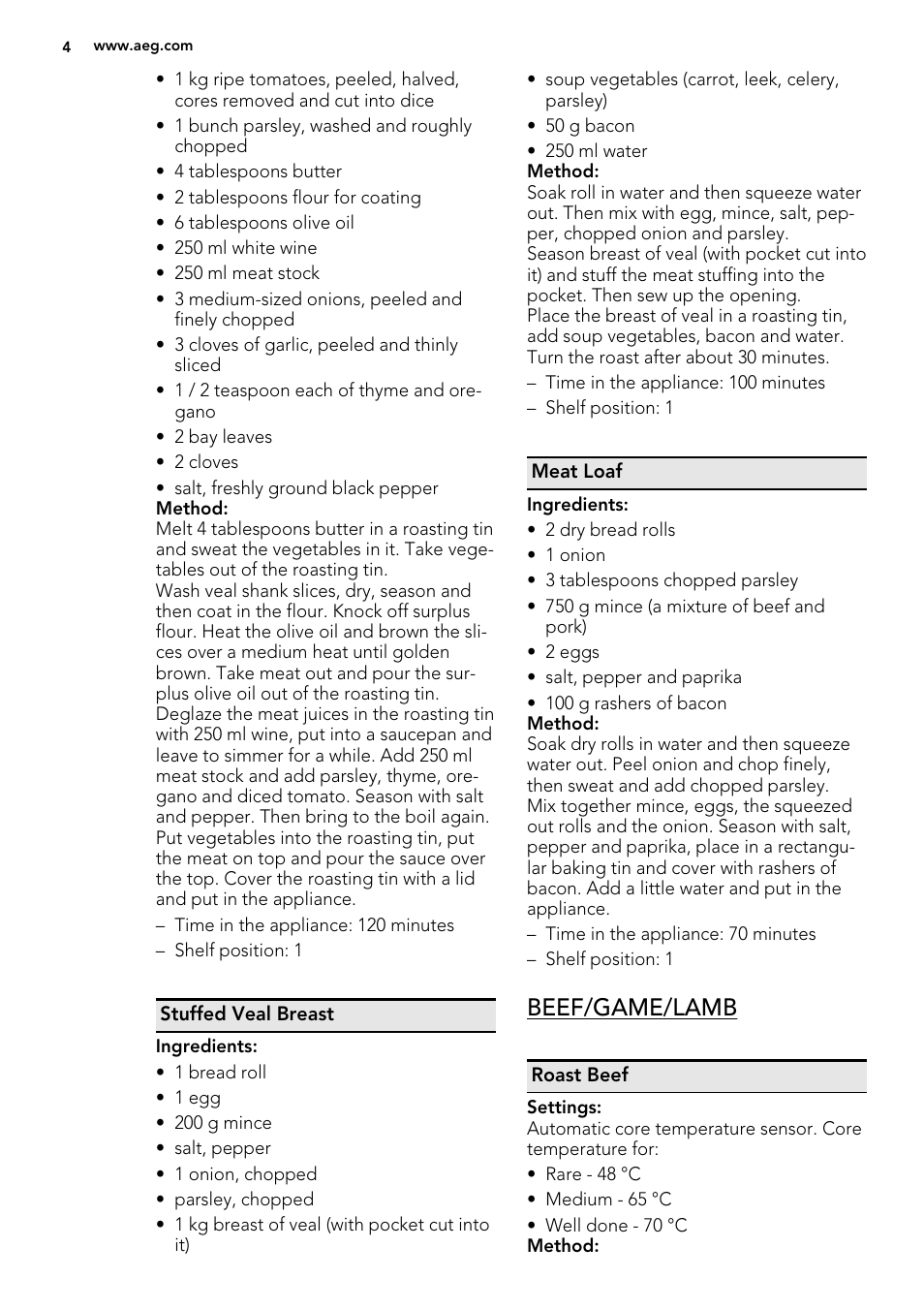 Beef/game/lamb | AEG BS7304021M User Manual | Page 4 / 32