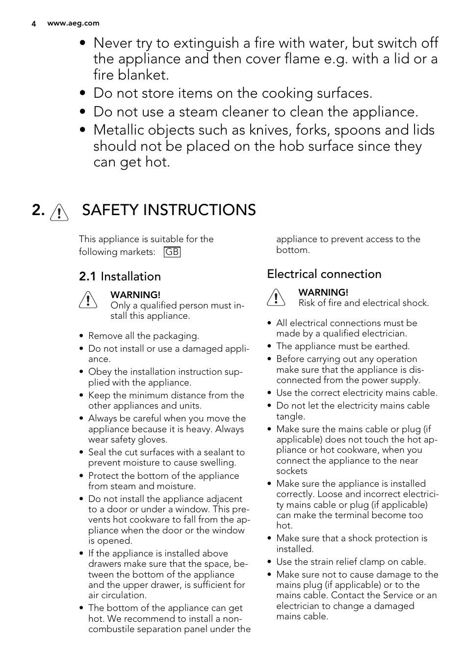 Safety instructions, 1 installation, Electrical connection | AEG HG755420UM User Manual | Page 4 / 20