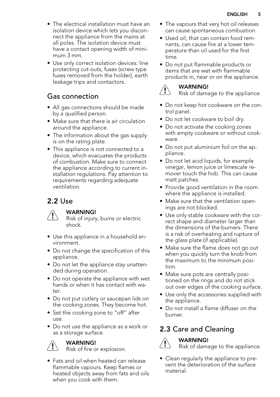 Gas connection, 2 use, 3 care and cleaning | AEG HG755420UM User Manual | Page 5 / 20