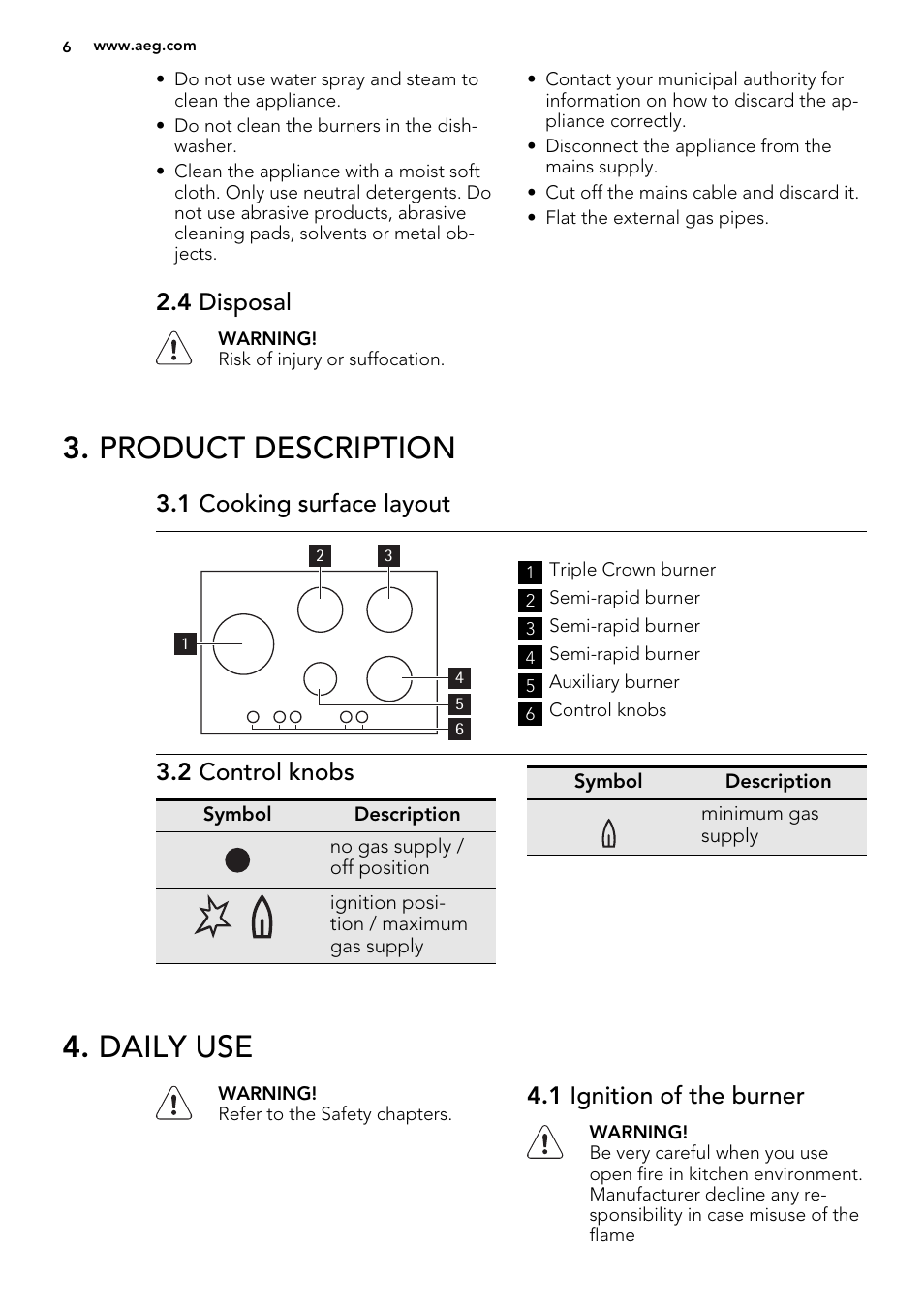 Product description, Daily use, 4 disposal | 1 cooking surface layout, 2 control knobs, 1 ignition of the burner | AEG HG755420UM User Manual | Page 6 / 20