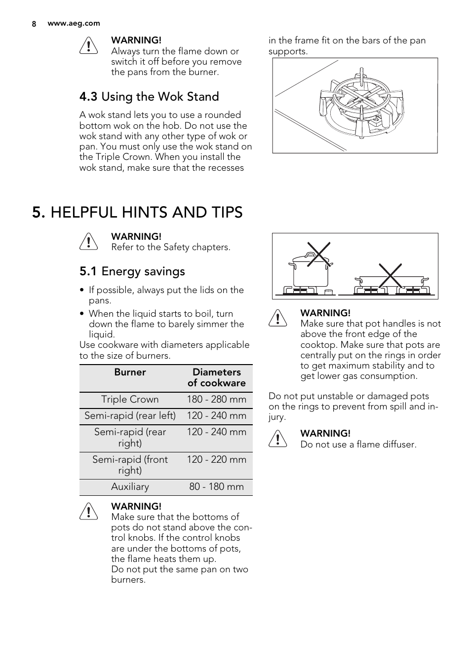 Helpful hints and tips, 3 using the wok stand, 1 energy savings | AEG HG755420UM User Manual | Page 8 / 20