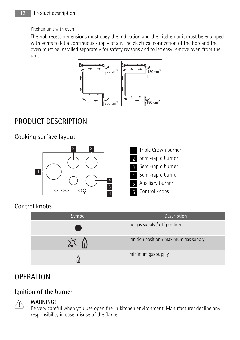 Product description, Operation, Cooking surface layout | Control knobs, Ignition of the burner | AEG HG654320NM User Manual | Page 12 / 24