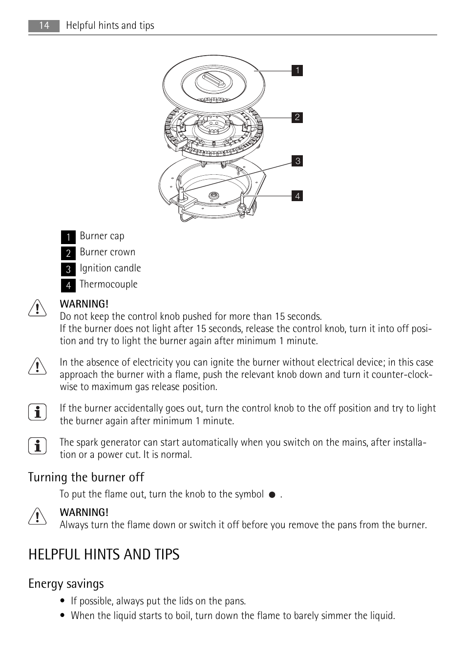 Helpful hints and tips, Turning the burner off, Energy savings | AEG HG654320NM User Manual | Page 14 / 24