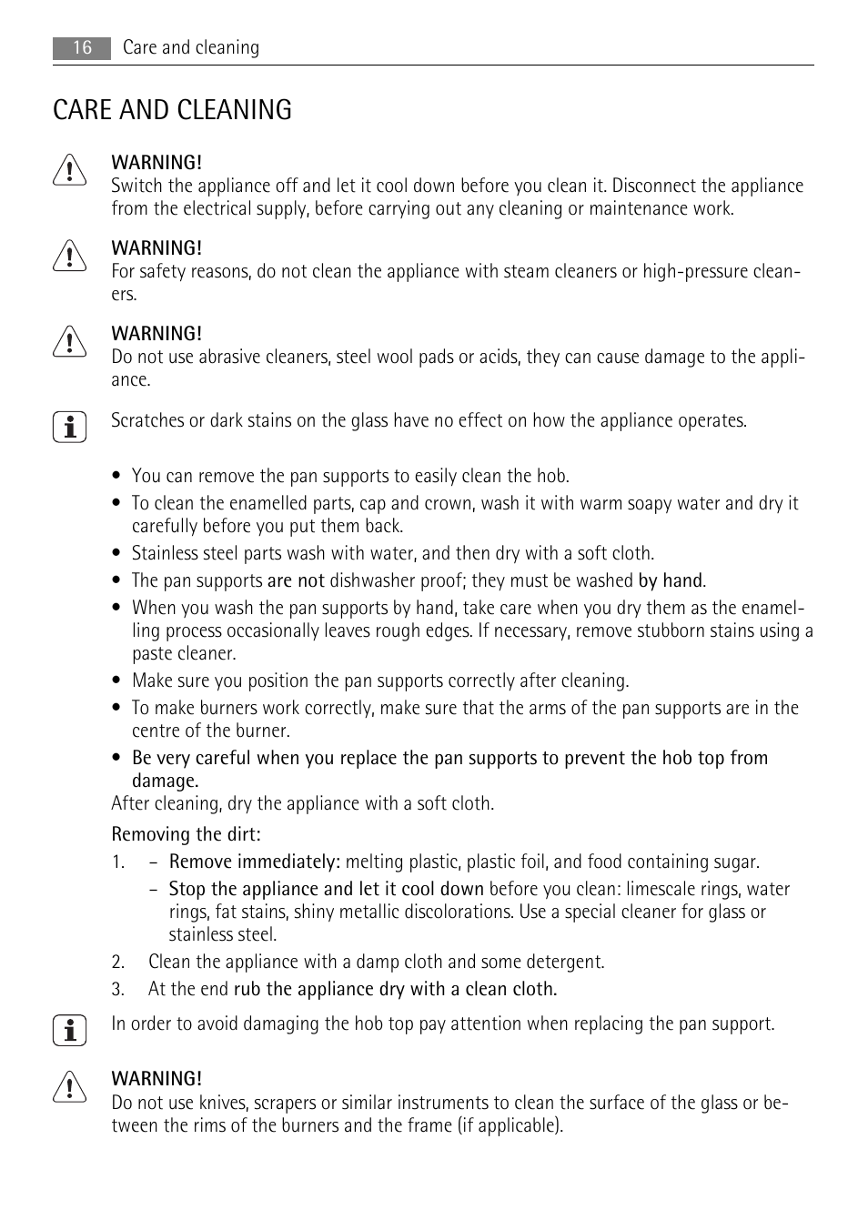 Care and cleaning | AEG HG654320NM User Manual | Page 16 / 24