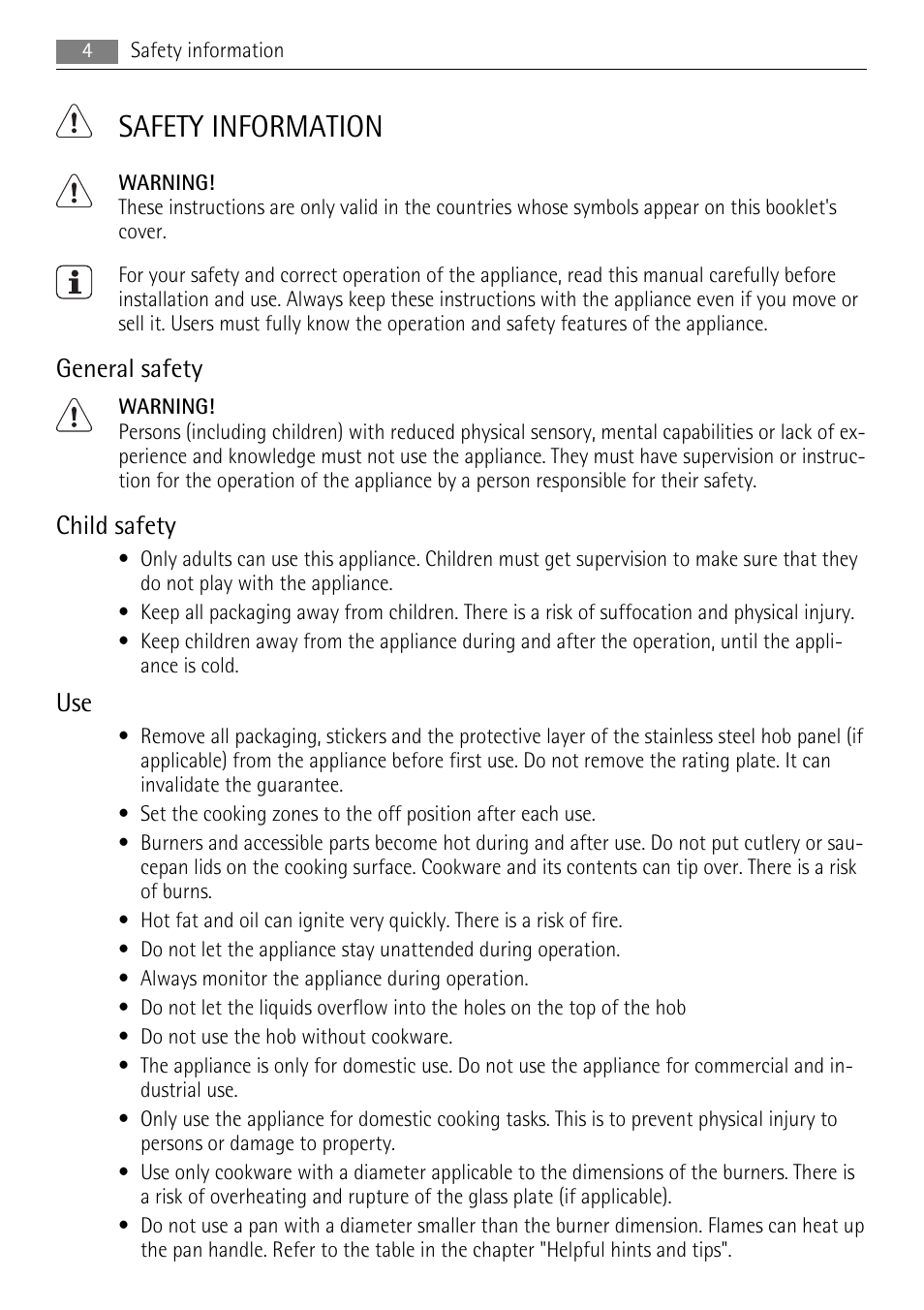 Safety information, General safety, Child safety | AEG HG654320NM User Manual | Page 4 / 24