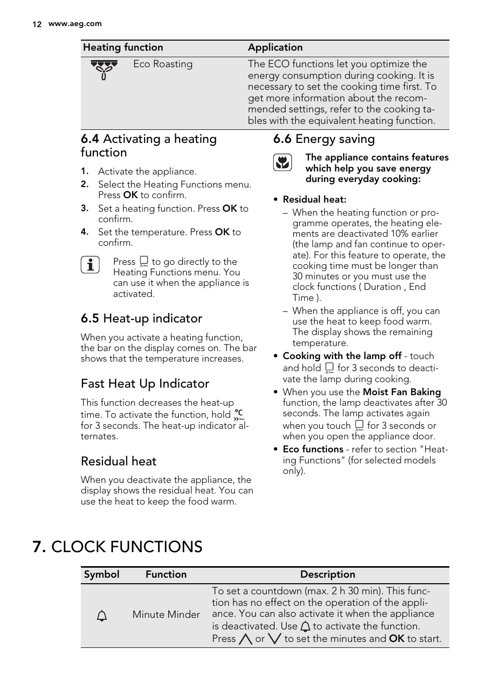 Clock functions, 4 activating a heating function, 5 heat-up indicator | Fast heat up indicator, Residual heat, 6 energy saving | AEG KE8404021M User Manual | Page 12 / 44