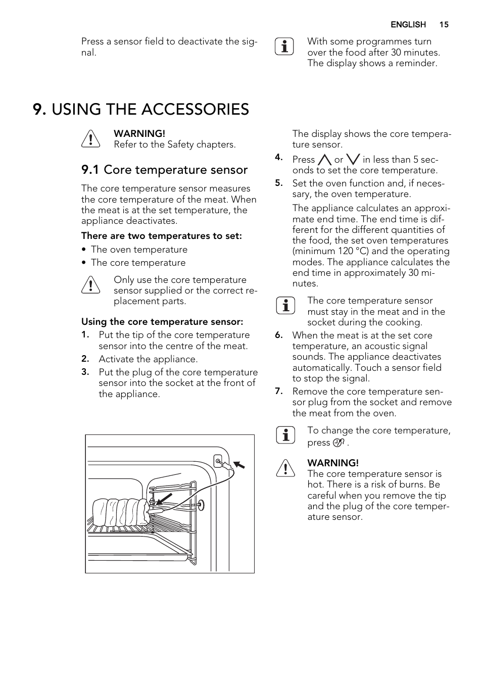 Using the accessories, 1 core temperature sensor | AEG KE8404021M User Manual | Page 15 / 44