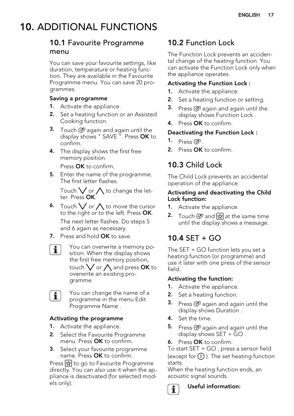 Additional functions, 1 favourite programme menu, 2 function lock | 3 child lock, 4 set + go | AEG KE8404021M User Manual | Page 17 / 44