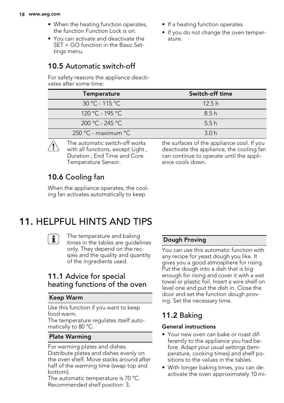 Helpful hints and tips, 5 automatic switch-off, 6 cooling fan | 1 advice for special heating functions of the oven, 2 baking | AEG KE8404021M User Manual | Page 18 / 44