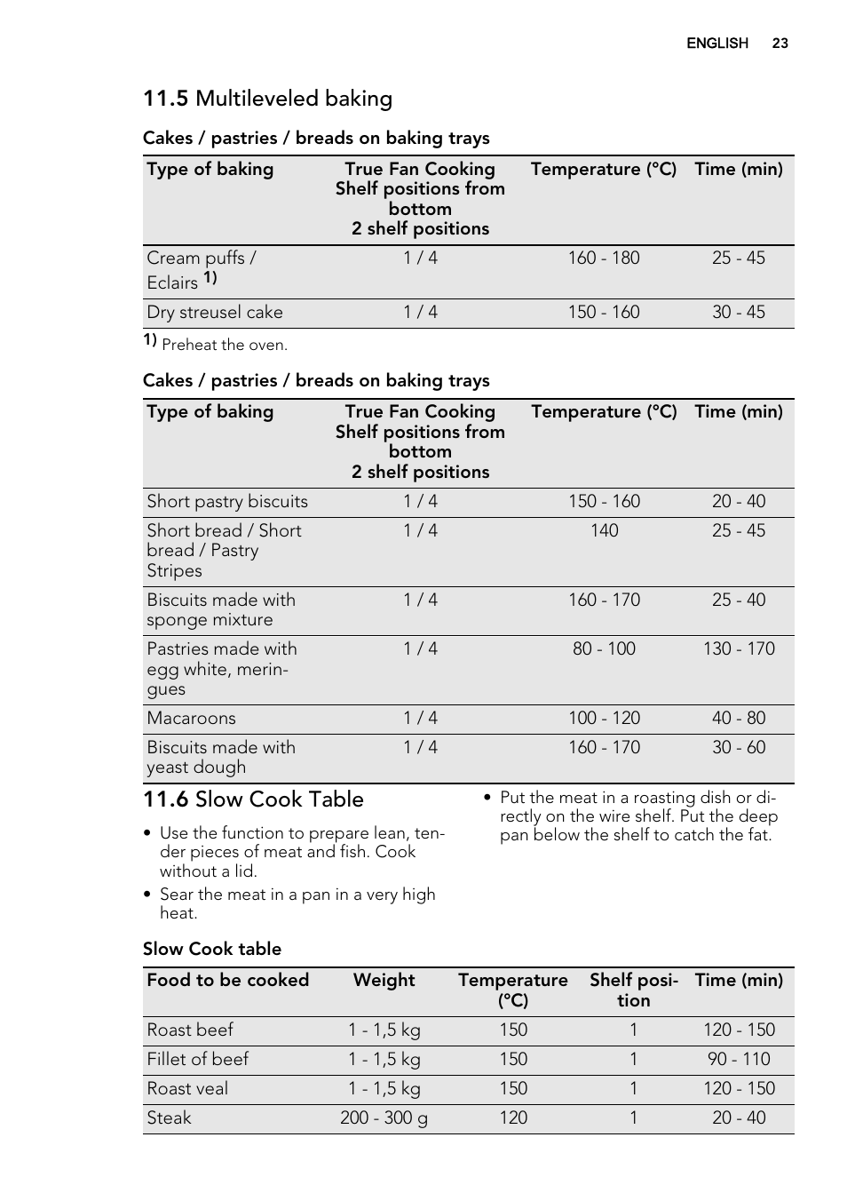 5 multileveled baking, 6 slow cook table | AEG KE8404021M User Manual | Page 23 / 44