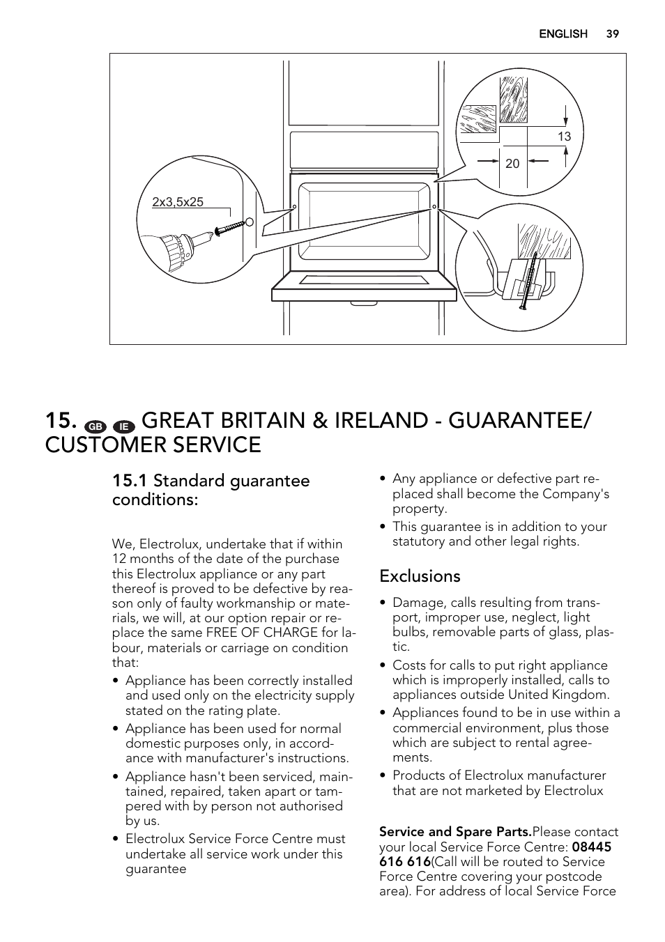 1 standard guarantee conditions, Exclusions | AEG KE8404021M User Manual | Page 39 / 44