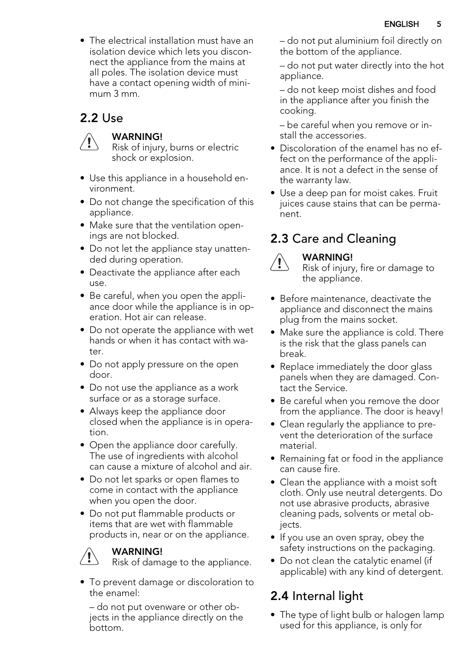 2 use, 3 care and cleaning, 4 internal light | AEG KE8404021M User Manual | Page 5 / 44